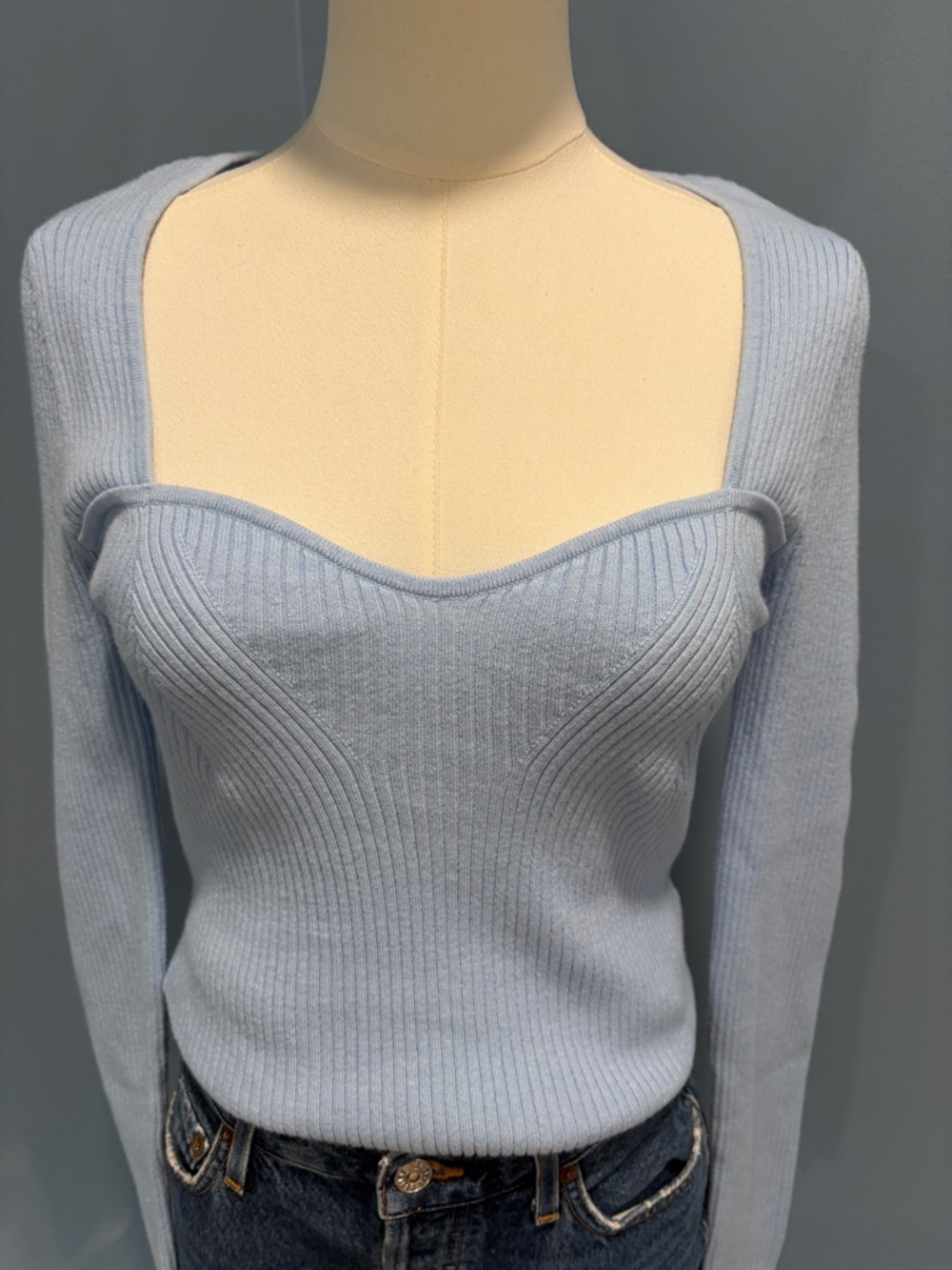 Old Navy Ribbed Sweetheart Neck Crop Sweater Blue Long Sleeve Top Size M NWT - Picture 2 of 8